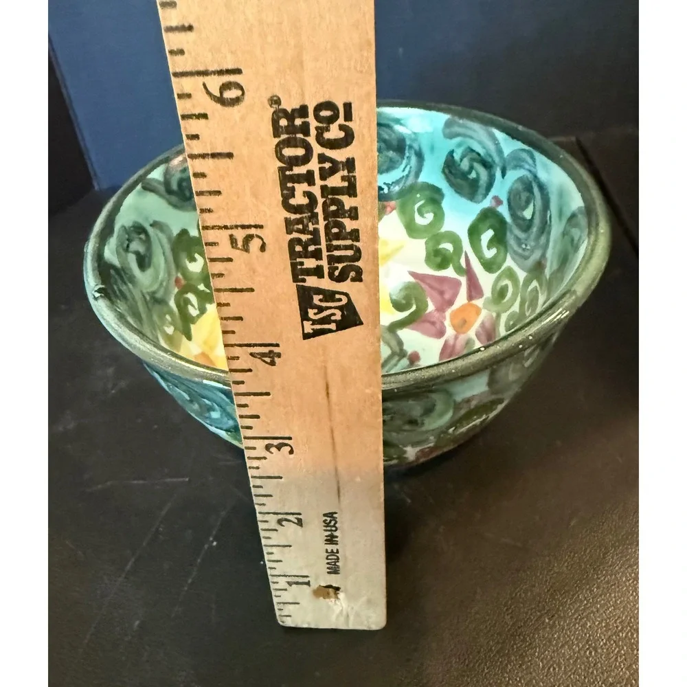 Studio Art Pottery Decorative Bowl Teal Hand Painted Floral Signed Cottage